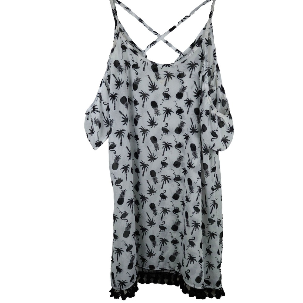 Miken Swim Cold Shoulder Swim Cover Up Women M White Flamingo Tassel Coastal
